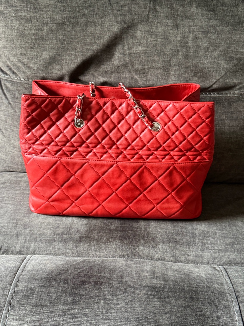 Chanel Quilted Red lambskin Tote Bag with Chain Handles